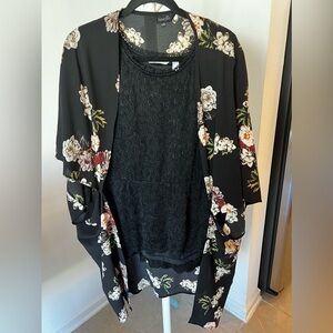 Amaryllis Floral Kimono + Isaac Mizrahi Lace Tank Bundle Boho Layered Set M/L